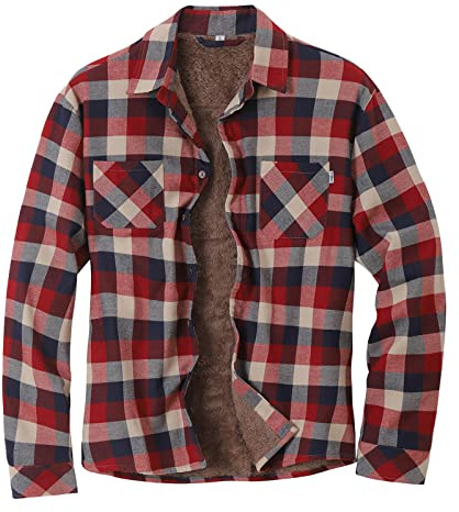 Darringls - Camicia in flanella da uomo, con fodera, multi tasche, in cotone, calda, stile taglialegna, a quadri, per il tempo libero, giacca in pile termica, giacca invernale, Colore: rosso, XL