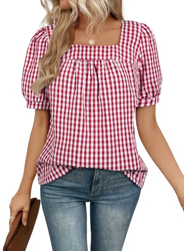 EVALESS Tops for Women Short Sleeve Tunic Blouse Dressy Casual Square Neck Gingham Tops Cotton Blend Plaid Shirt Cute Checkered Puff Sleeve Work Blouses 2026 Summer Vacation Outfits Red Large