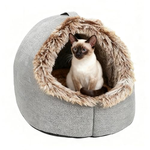 Byuexhp Katzenbett überdacht mit Tragegriff, weiches Flauschiges Haustierbett für Katzen und kleine Hunde, warme Kuschelhöhle Katze für Winter, Schlafzimmer und Wohnzimmer (40 x 34 x 32 cm)