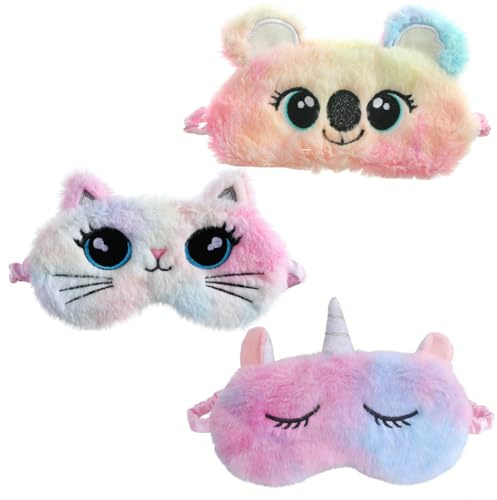 VEOIRXU 3 Pezzi Simpatiche Mascherina per Dormire in Peluche Benda Occhio Morbida Traspirante Maschera di Sonno Copertura degli Occhi Maschera Occhi per Casa Viaggio (Colorata, Gatti+Koala+Unicorn)