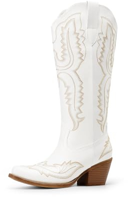 DREAM PAIRS Knee High Cowboy Western Boots for Women,White,7