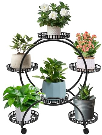 Dokiiovo Växtställ metall med 6 förvaringsytor, 76 cm högt blomstativ med 4 vridbara hjul, blomhylla, växthylla, metall för inomhus- och utomhusbruk, 72,5 x 31 x 76 cm (svart)