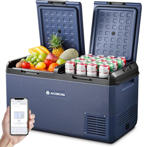 AAOBOSI 75 L bilkylskåp, camping kyl frys dubbel zon med hjul och draghandtag, IPX4 vattentät, APP-kontroll, 12 V/240 V, -20 °C till 20 °C — perfekt för husbil, lastbil, båt, husbil, resor och