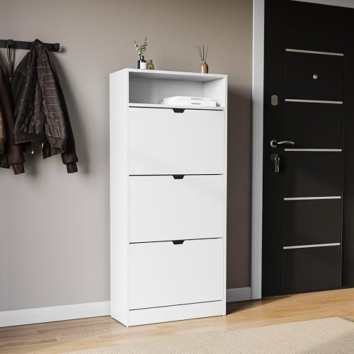 Vida Designs 3 Drawer Shoe Cabinet with Shelf | White |Slim Space-Saving Storage for 15+ Pairs | 132H x 60W x 24D cm | Anti-Tip | Modern Hallway Unit