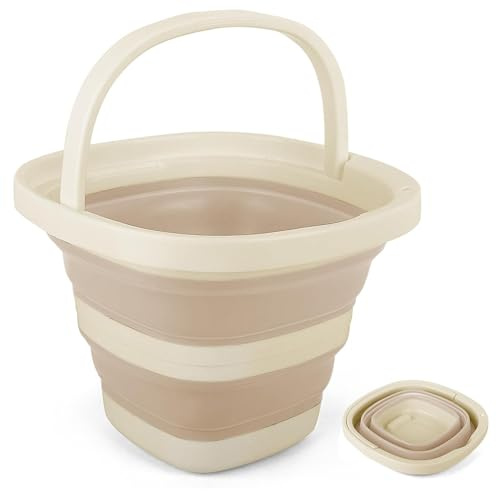 Cubo Plegable 5 litros Cubos Limpieza con Asa Portátil y Que Ahorra Espacio para la Coches Camping Playa Pesca Viaje Jardinería Exteriores (Beige)