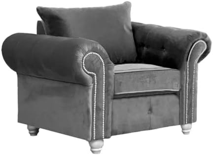 Hugo Armchair Grey Plush Velvet – Chesterfield Style Accent Chair with Scroll Arms, Silver Stud Detailing & Deep Cushion, Luxury Living Room Furniture