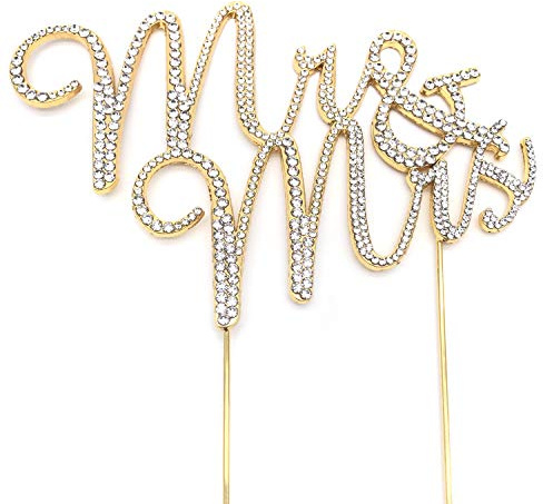 World of Sparkles 8.5cm 'Mr & Mrs' Cake Toppers with Silver Diamante Rhinestones Diamonds and Gold Base Wedding Civil Marriage Party Decoration