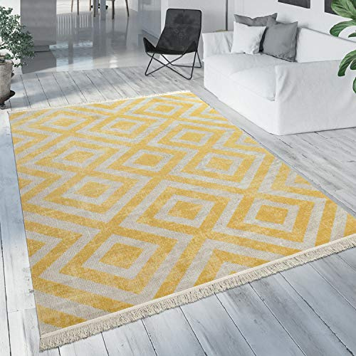 Paco Home Moderner Outdoor Teppich Geometrisches Rauten-Muster im Vintage-Look Flachgewebe Wetterfest & Pflegeleicht für Garten, Terrasse & Balkon, Gelb Weiß, Grösse:120x170 cm