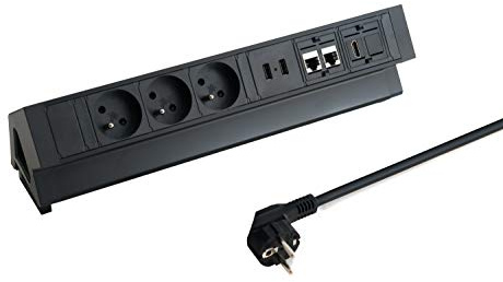 Elbe Inno Bloc Prise pour Bureau, multiprise 3 Prises, 2 USB, 2 RJ45, HDMI, Prise Plan de Travail, Protection en métal Contre Les surtensions, 1,5 m câble pour Bureau, Atelier, Cuisine EL4103URH-FR