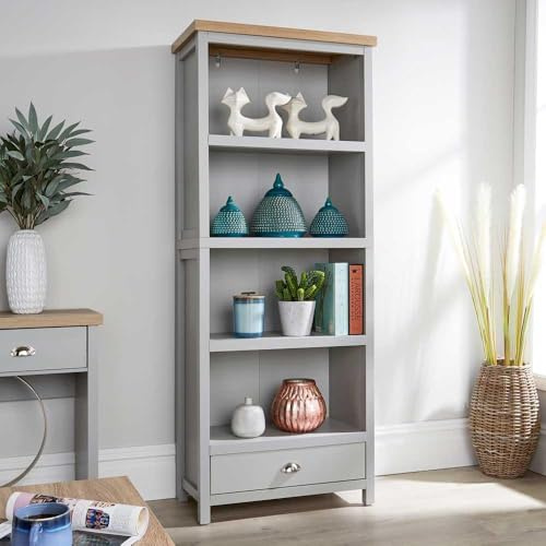Home Source Tall Bookcase Display Unit, 4 Bookshelves, 1 Storage Drawer, Oak Effect, Grey