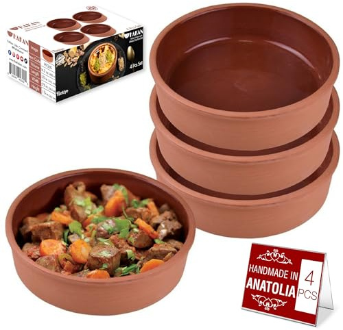Hakan Athens Clay Bowl Set of 4, Terracotta 5.7-inch Bowls, 14.2 Oz Ancient Pottery, Glazed Inside Cooking Clay Bowls in Box, Turkish Clay Yogurt Pots, Earthenware for Mexican Dishes, 4 Pcs, 420 cc