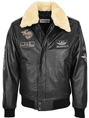 Chaqueta de bombardero de cuero para hombre con cuello desmontable estilo aviador Pilot-N, Negro, S