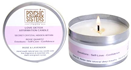 Psychic Sisters - Love Detox Candle - Tin - Hidden Crystal Inside - Organic Soy Wax - Rose & Lavender Aromatherapy Oils - Reiki Energised & Blessed - Handmade in The UK