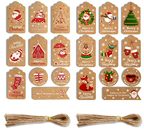 Etiqueta Regalo Papel Kraft Navidad, Etiquetas Regalo Navidad, 100 Piezas Etiquetas Navidad Decoracion Arbol con Patrón de Nieve Calcetín Gorro Navideño Reno Etiquetas para Regalos Navidad con Cuerda