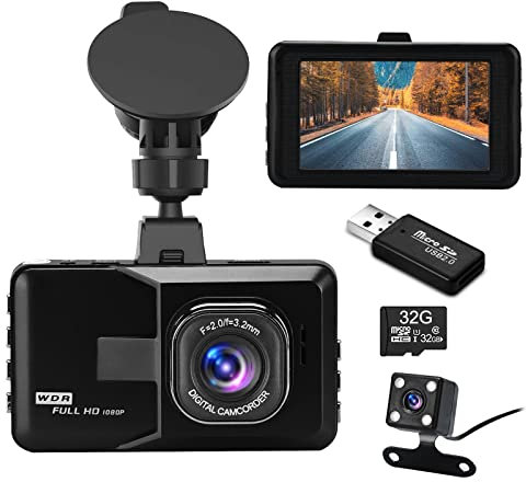 Podazz Dash Cam Doppia Telecamera per Auto con Scheda SD da 32 GB, 1080P Visione Notturna, 3 Pollici Obiettivo Grandangolare di 170°, WDR, G-Sensor, Registrazione in Loop, Sensore Parcheggio