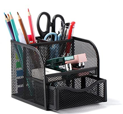 Vinabo Schreibtisch-Organizer, Schreibtisch-Organizer aus Metallnetz, Stifteköcher mit 4 Fächern, platzsparender Stifthalter mit ausziehbarer Schublade für Schreibwaren, Haus, Schule