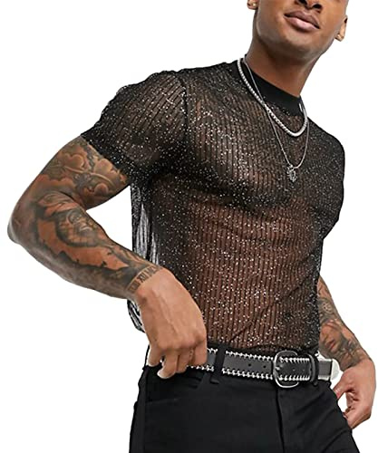 AIEOE Camicia a rete da uomo muscolare, maglietta a rete con glitter trasparente, T-shirt sexy a rete a maniche corte, abbigliamento da club, maglietta estiva a rete – XS-3XL, L