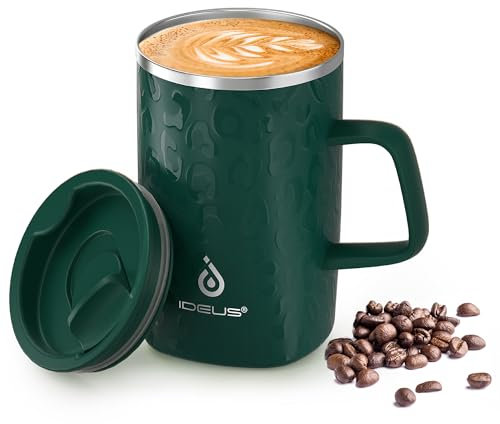 IDEUS® Kaffeebecher 470 ml (16 oz), doppelwandige vakuumisolierte Kaffee- und Teetasse aus Edelstahl mit rutschfestem Griff und Schiebemoduldeckel und großem Volumen (Leapord Dark Grün)