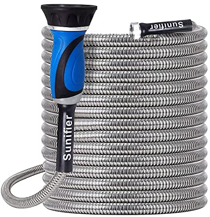 Tubo da giardino in metallo da 7,6 m, flessibile in acciaio inossidabile, leggero, resistente con ugello per tubo ad alta pressione per giardino, prato (7,6 m)