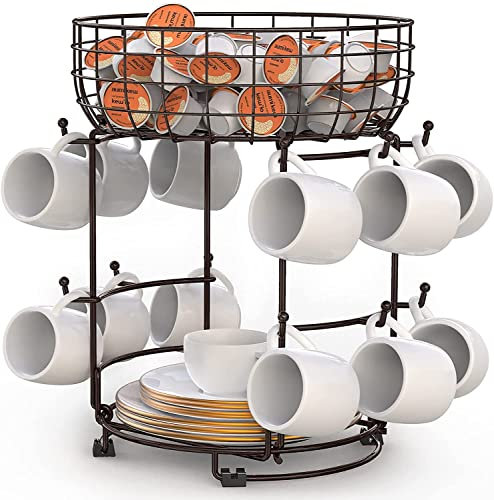 Mutool Mug Tree Cup Holder with Storage Basket 12 Hooks Multifunctional Kitchen Storage Display Stand Space Saving for Counter (Bronze-1)