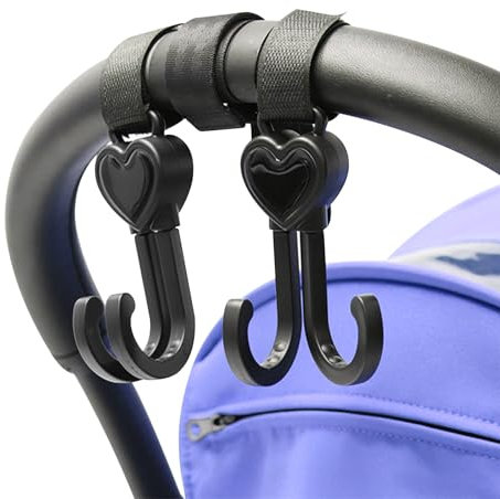 2 Stück Kinderwagen Haken, Klettverschluss Haken Kinderwagen, 360° Drehbar Kinderwagen Doppelhaken, Universale Herzform Clip Kinderwagen für Wickeltasche Haken, Kinderwagen Zubehör