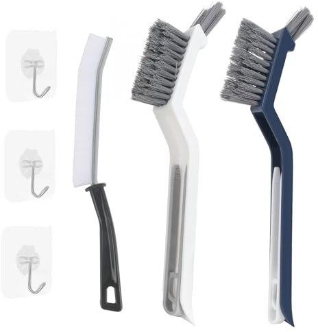 3 Piezas Cepillo Juntas con Ganchos Adhesivos, Multifuncional Cepillo Limpieza Hogar, Cepillo Cerdas Duras, Cepillo de Juntas y Rincones para Baño Cocina Ventanas