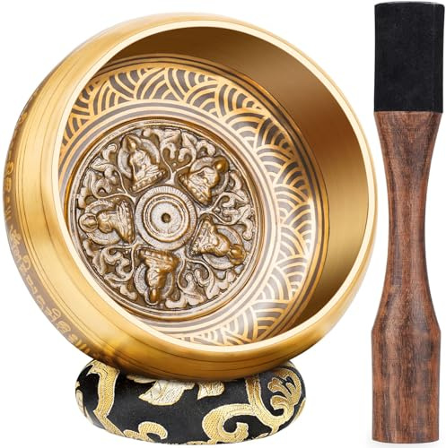 Große Tibetische Klangschale, Handgefertigt in Nepal für Yoga, Chakra-Heilung, Stressabbau, Selbstpflege Geschenke für Frauen und Männer, Weihnachtsgeschenke (Fünf Buddhas-Welle, 14cm)