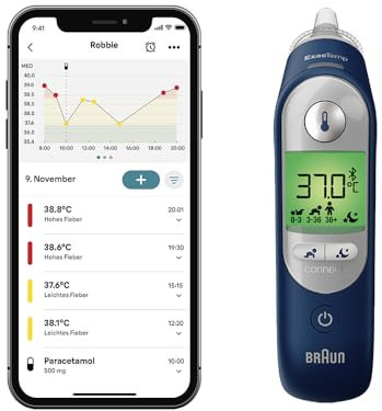 Braun ThermoScan® 7+ connect Ohrthermometer | Kompatibel mit der Braun Family Care™ App | Age Precision® Technologie | Farbcodiertes Digitaldisplay | Baby- und kleinkindfreundlich