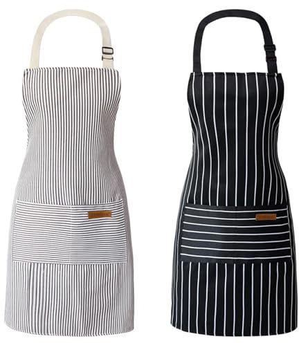 Randigt bomullslinne förkläde 2-pack professionella kockförkläde, unisex justerbart kockförkläde med 2 fickor matlagningsförkläde för matlagning bakning målning kök restaurang trädgård (svart + grå),