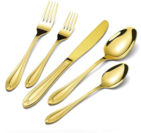 univionlions Bestickset För 4 Personer - 20-delars Polerat Bestickset, Elegantes Essbestickset Guld, Högkvalitativt Rostfritt Stålbestick Med Kniv, Gaffel Och Sked För Fest/Restaurang