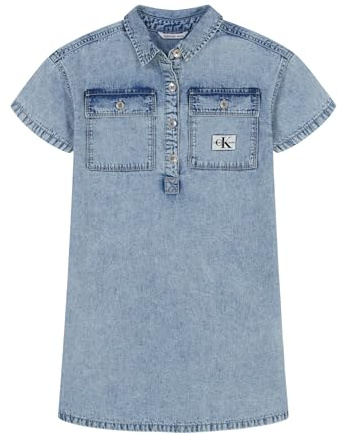 Calvin Klein Robe chemise en jean chambray à manches courtes pour fille, Patch Pocket Sky, 12-14