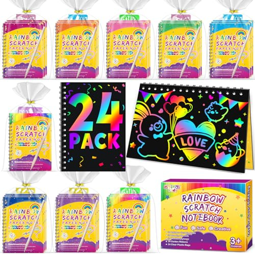 Pigipigi Kids Set 24 Libretas Scratch Art, Plantilla y Lápiz de Madera - Regalos Cumpleaños Niños Colegio - Regalitos Cumpleaños Invitados Niños - Piñata Cumpleaños Infantil