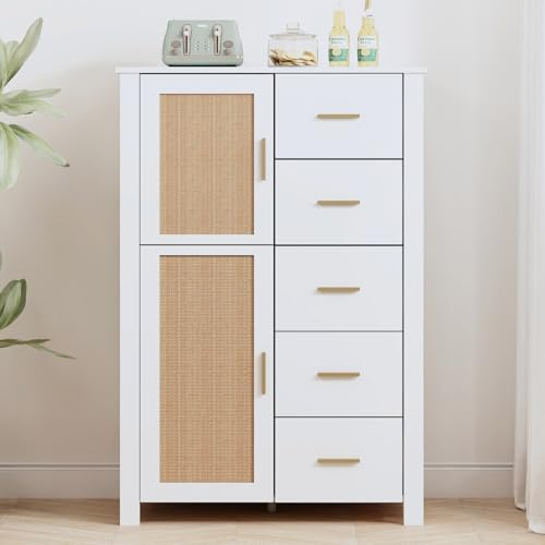 IBF Rattan Chest Of Drawers, Bathroom Floor Cabinet Cupboard With 5 Drawers&2 Doors, 118cm Tall Storage Cabinet, White Oak Wooden Wardrobe With Drawers For Kitchen,Bedroom,Entryway,Living Room