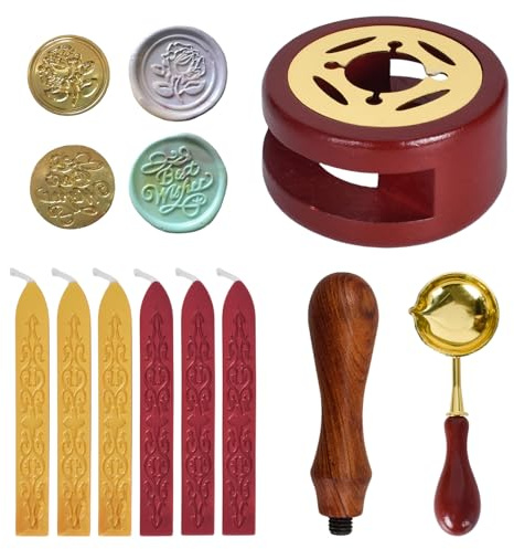 Juego de sellos de cera personalizados, juego de cera de sellado con 6 ceras de sellado, 2 sellos de sellado, 1 cuchara de fusión, 1 calentador de sellado de cera, ceras de sellado versátiles y