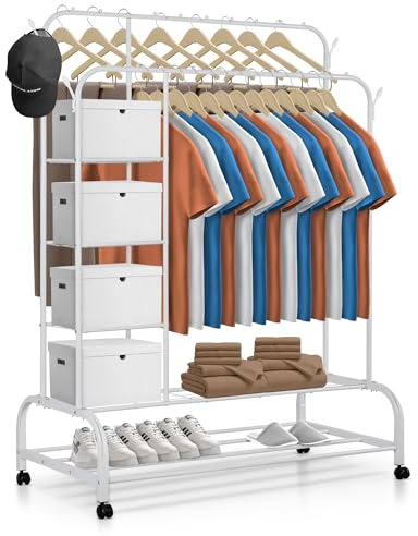 JUPPLIES Burro Ropa Resistente – Perchero Burro Doble con Soporte (Blanco, Con Ruedas y Estantes)
