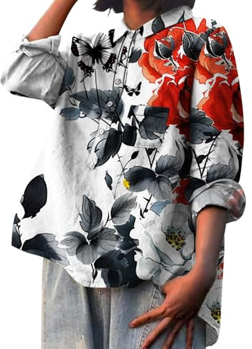 Camicetta Donna Elegante Curvy Blusa in Lino Cotone Vintage Fiori con Bottoni Camicia da Spiaggia Estiva Manica Lunga Camicette Casual Primaverile Bluse Lavoro Particolari Shirt Tops Fantasia Basic