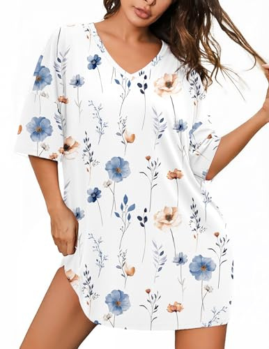 Ekouaer Women's Nighties Oversized Nightwear V-Neck Short Sleeve Nightdresses T-Shirt Dress Floral Print Knee-Length Loungewear Plus Size XXXL, White Flower