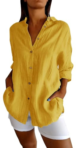 Mlykosd blus damer kortärmad bordeaux, blus damer kortärmad grön, andas vita blusar linneblus mjuk bomullsskjorta bekväm blus skjorta lös blus mjuk bekväm lång blus för stranden, GUL, S
