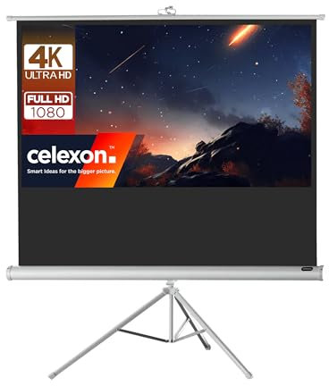 celexon Economy White Tripod screen white 100 | 219x123cm 16:9 | Mobile, 4K, full HD projector screen with manual roller extension for home cinema, office & outdoor use | incl stand + carrying handle