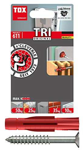 TOX Allzweckdübel TRI 6 x 36 mm + Schraube, zuverlässige Befestigung in fast allen Baustoffen, Vor- und Durchsteckmontage, Dübel verknotet oder spreizt automatisch, 10 Stück im Blister, 010701051