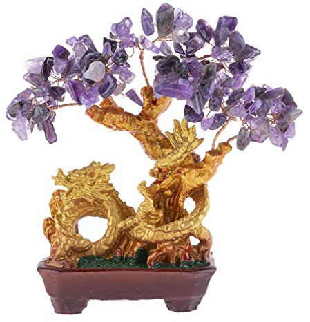 lachineuse Lila ametist drakträd - feng shui-träd 19 cm - asiatisk japansk drakdekoration - lyckoträd med gyllene drake - asiatisk dekor ädelstenar - japanskt zen-objekt
