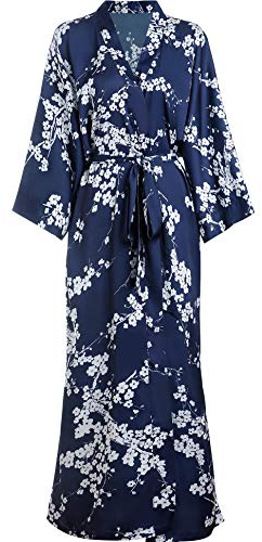 Aensso long soft silk y kimono women robes, blue white floral dressing gown bridal robe