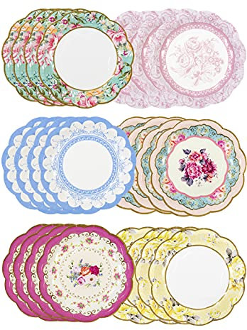 Pack of 24 Vintage Floral Paper Plates with Scalloped Edge, Truly Scrumptious Disposable Tableware For Birthday or Garden Party, Afternoon Tea, Baby Shower, Wedding 17.5cm