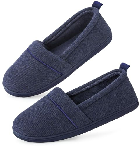 EverFoams Ladies' Memory Foam Comfort Cotton Knit House Shoes Light Weight Terry Cloth Loafer Slippers with Anti-Skid Rubber Sole, Navy Blue, 7 UK