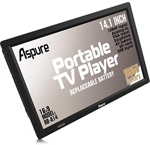 aspure 14Inch Portable Digital DVB-T2 HD Freeview LED TV with charger battery compartment for Car,Camping,Outdoor, Kitchen.Rechargeable Batteries,Television/Monitor with media Player USB LEADSTAR