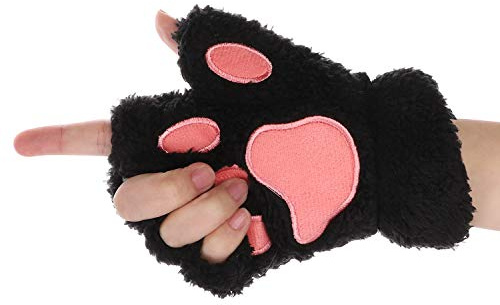 Guantes de invierno para mujer pata de gato de felpa caliente guantes de cosplay medio dedo guantes lindos novedad osos garra mitones térmicos para Halloween cosplay fiesta disfraz, Negro , Talla