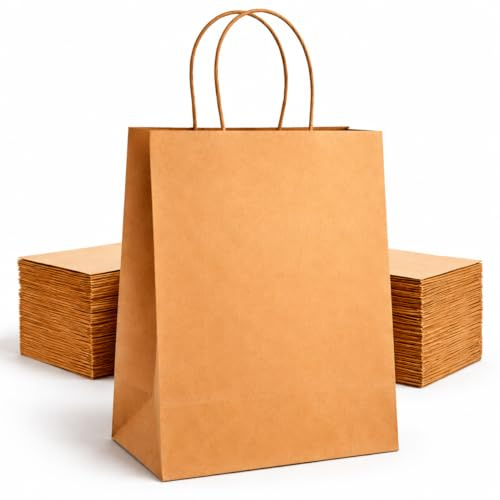 HURUC 50 Pcs Brown Paper Bags With Handles,130GSM, Medium Paper Gift Bags for Present, Eco-Friendly Kraft Carrier Bags, Christmas, Easter, Birthday Parties,18x24x8cm