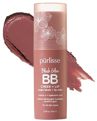 pūrlisse Blush Glow BB Lip and Cheek Tint - Hydrating & Buildable 2-in-1 Cream Blush Stick for Cheeks & Lips - Formulated with Nourishing Vitamin E & Hyaluronic Acid - Moving Mauve (.28 oz)