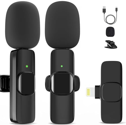 GOGARA Micrófono para iPhone, Paquete de 2 micrófonos inalámbricos, Mini micrófono, lavalier, micrófono de Solapa de grabación, Plug-Play, micrófono de Clip con reducción de Ruido para entrevista