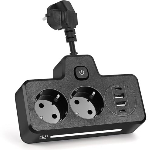 LustLocke Multiprise double pour prise murale avec 2 ports USB A et 2 USB C - Multiprise compacte pour bureau, maison et voyage - 13 A/3250 W (noir)